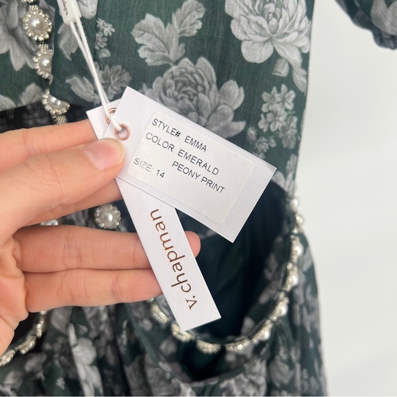 V. Chapman Emma Cut Out Rhinestone Puff Sleeve Dress Emerald Peony Print 14 NWT - Picture 14 of 14